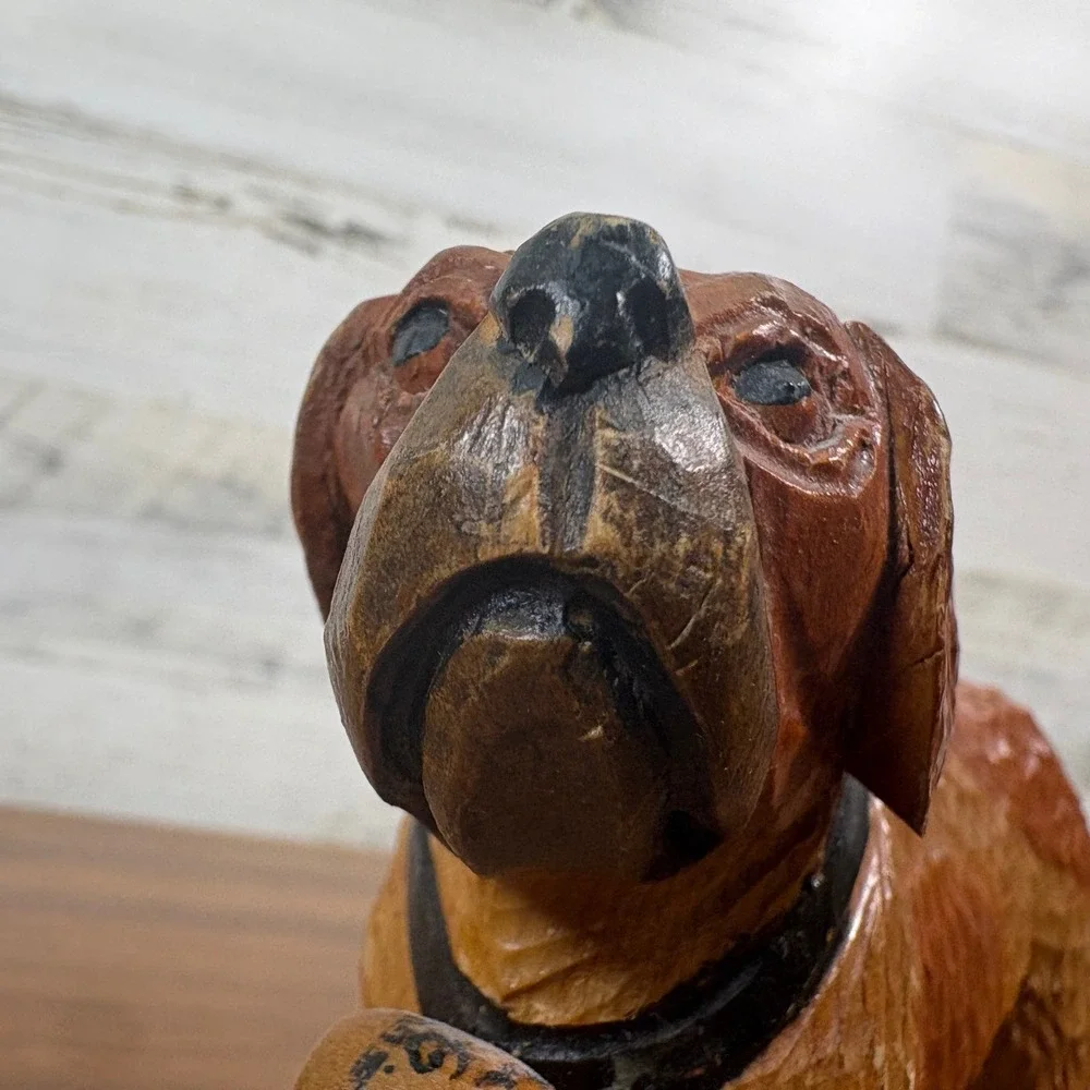 Vintage Swiss Hand Carved Wood Saint Black Forest St. Bernard Dog Figurine Keg